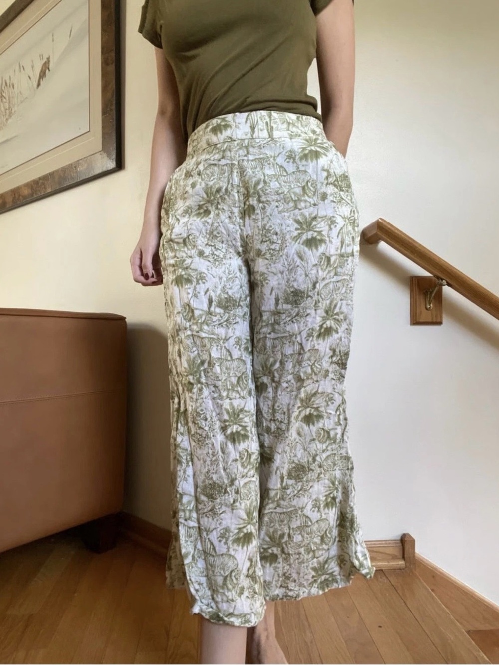 Rachel Zoe 100% Linen Lion Toile Print Green Cropped Linen Pants Wide Leg Sz L